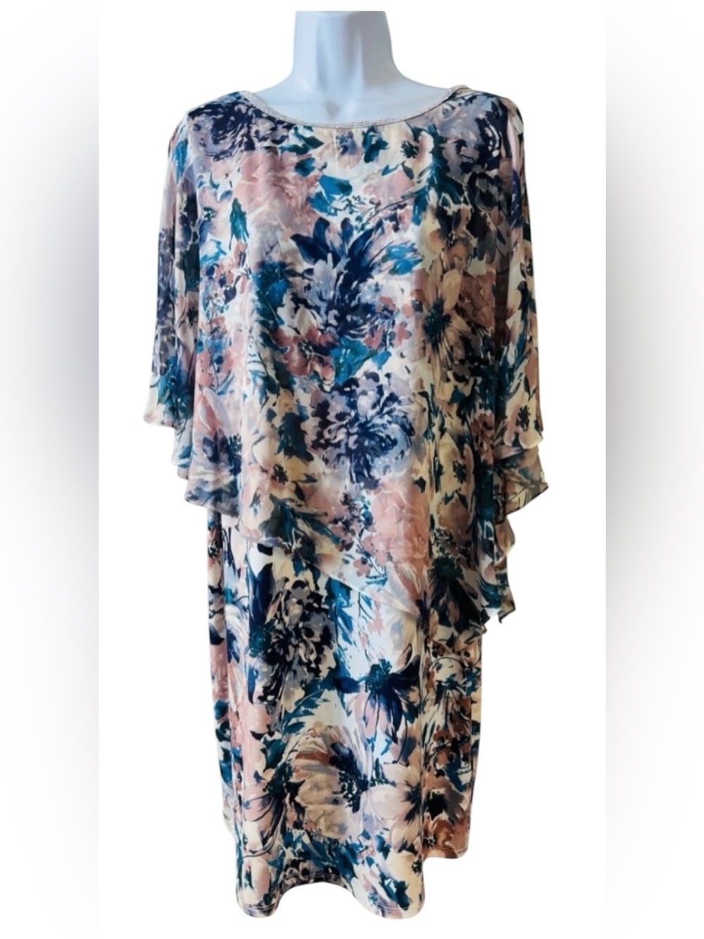 MSK Rhinestone Trim Cape Overlay Dress‎ Blue/Pink Floral Sleeveless Stretch Sz L